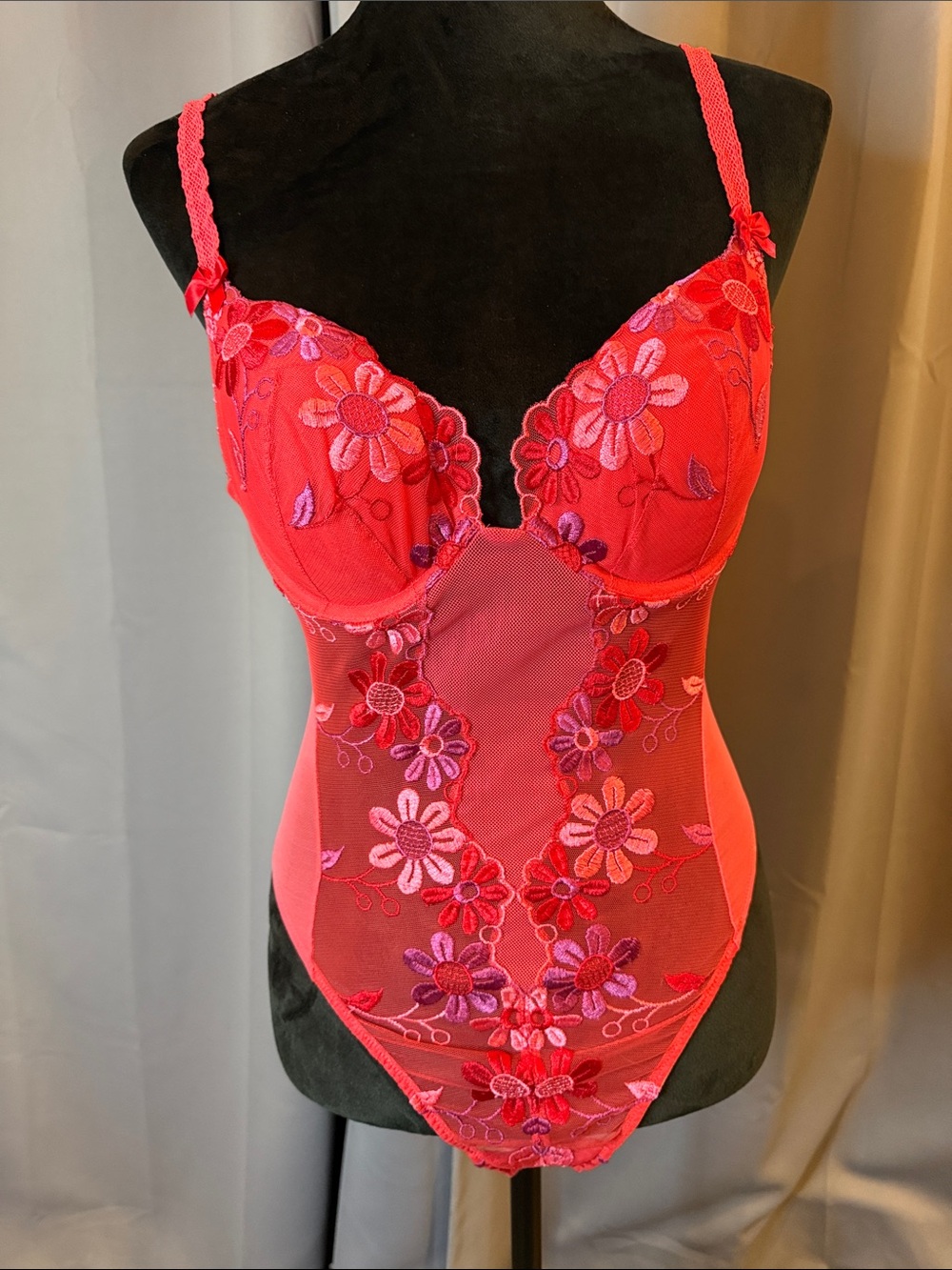 Victoria's Secret Red Floral Embroidered Lace Bodysuit